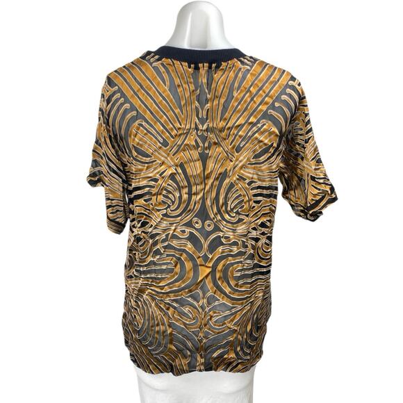 Teca 100% Silk Multicolor Mesh High Neck Short Sleeve Sheer Blouse Top Size M - Picture 2 of 5